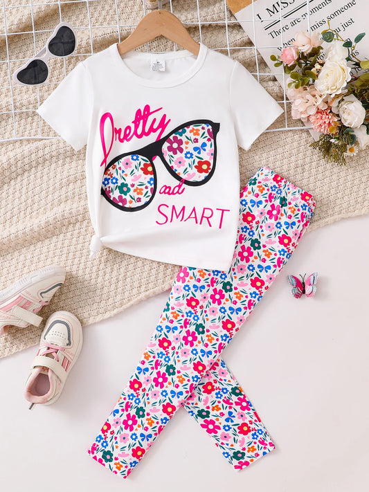 Girls'summer 2 pcs outfit-Tshirt & floral pants.